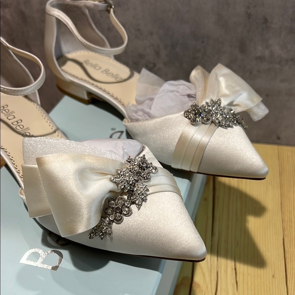 La Belle Satin Ivory Heels with Rhinestone Bow - Picture 5 of 7